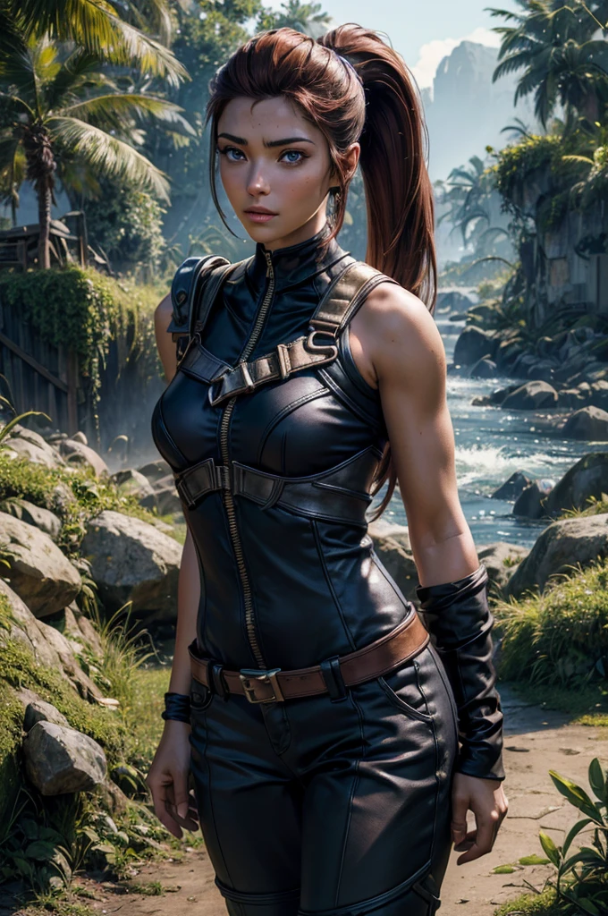 iliaamitola, ilia amitola, long hair, blue eyes, brown hair, ponytail, dark skin, dark-skinned female, BREAK bare shoulders, bodysuit, BREAK walking through jungle with marines, old bridge, river, post-apocalypse, dystopian future, crowd, (crowd in military uniforms), (volumetric lighting), best quality, masterpiece, intricate details, tonemapping, sharp focus, hyper detailed, BREAK looking at viewer, (cowboy shot:1.5), BREAK (masterpiece:1.2), best quality, high resolution, unity 8k wallpaper, (illustration:0.8), (beautiful detailed eyes:1.6), extremely detailed face, perfect lighting, extremely detailed CG, (perfect hands, perfect anatomy), (masterpiece,stunning girlfriend, (standing:1.1), dynamic pose, heart shaped face, elegant face, beautiful face, highly detailed face, highly detailed skin, skin pores, subsurface scattering, realistic pupils, looking at viewer, full lips, detailed background, depth of field, atmospheric perspective, volumetric lighting, sharp focus, absurdres, realistic proportions, good anatomy, (realistic, hyperrealistic:1.4), 16k hdr,