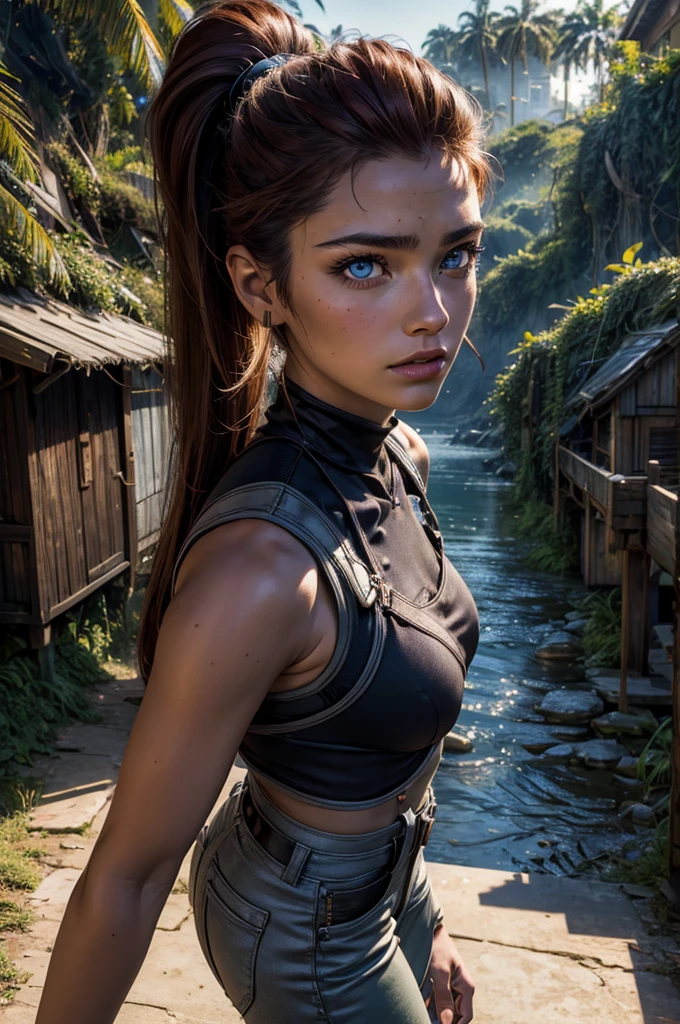 
iliaamitola, ilia amitola, long hair, blue eyes, brown hair, ponytail, dark skin, dark-skinned female, BREAK bare shoulders, bodysuit, BREAK walking through jungle with marines,  old bridge, river, post-apocalypse, dystopian future, crowd, (crowd in military uniforms), (volumetric lighting), best quality, masterpiece, intricate details, tonemapping, sharp focus, hyper detailed, BREAK looking at viewer, (cowboy shot:1.5), BREAK (masterpiece:1.2), best quality, high resolution, unity 8k wallpaper, (illustration:0.8), (beautiful detailed eyes:1.6), extremely detailed face, perfect lighting, extremely detailed CG, (perfect hands, perfect anatomy), (masterpiece,stunning girlfriend, (standing:1.1), dynamic pose, heart shaped face, elegant face, beautiful face, highly detailed face, highly detailed skin, skin pores, subsurface scattering, realistic pupils, looking at viewer, full lips, detailed background, depth of field, atmospheric perspective, volumetric lighting, sharp focus, absurdres, realistic proportions, good anatomy, (realistic, hyperrealistic:1.4), 16k hdr,  
