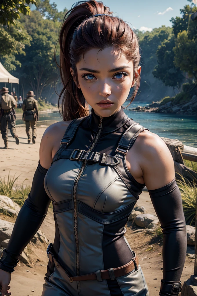 
iliaamitola, ilia amitola, long hair, blue eyes, brown hair, ponytail, dark skin, dark-skinned female, BREAK bare shoulders, bodysuit, BREAK walking through jungle with marines,  old bridge, river, post-apocalypse, dystopian future, crowd, (crowd in military uniforms), (volumetric lighting), best quality, masterpiece, intricate details, tonemapping, sharp focus, hyper detailed, BREAK looking at viewer, (cowboy shot:1.5), BREAK (masterpiece:1.2), best quality, high resolution, unity 8k wallpaper, (illustration:0.8), (beautiful detailed eyes:1.6), extremely detailed face, perfect lighting, extremely detailed CG, (perfect hands, perfect anatomy), (masterpiece,stunning girlfriend, (standing:1.1), dynamic pose, heart shaped face, elegant face, beautiful face, highly detailed face, highly detailed skin, skin pores, subsurface scattering, realistic pupils, looking at viewer, full lips, detailed background, depth of field, atmospheric perspective, volumetric lighting, sharp focus, absurdres, realistic proportions, good anatomy, (realistic, hyperrealistic:1.4), 16k hdr,  
