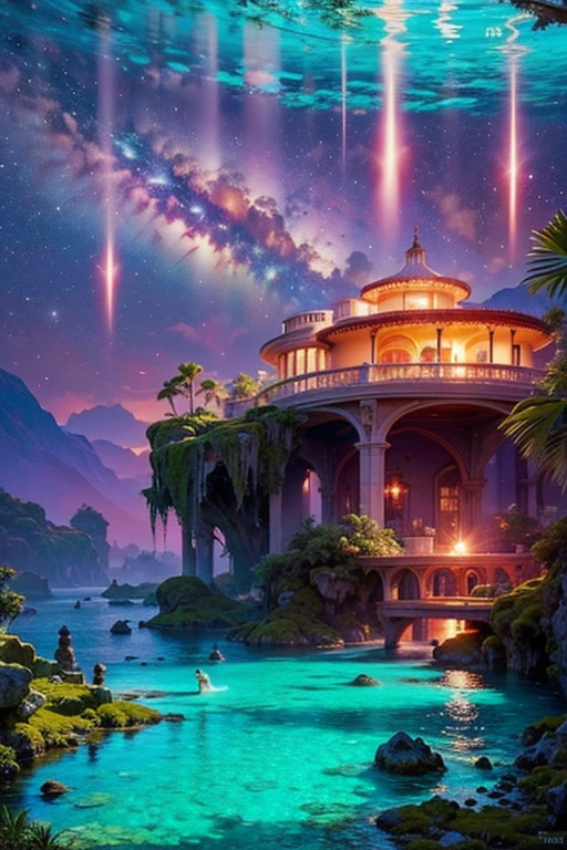 ((best quality)), ((masterpiece)), (detailed), the beautiful majestic heaven after life, my great majestic modern villa in the river of the heaven ocean, with my 2 female childrens and my friends, party in heaven, insane details, by night