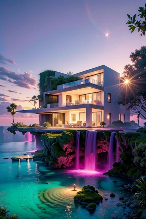 ((best quality)), ((masterpiece)), (detailed), the beautiful majestic heaven after life, my great majestic modern villa in the river of the heaven ocean, with my 2 female childrens and my friends, party in heaven, insane details, by night