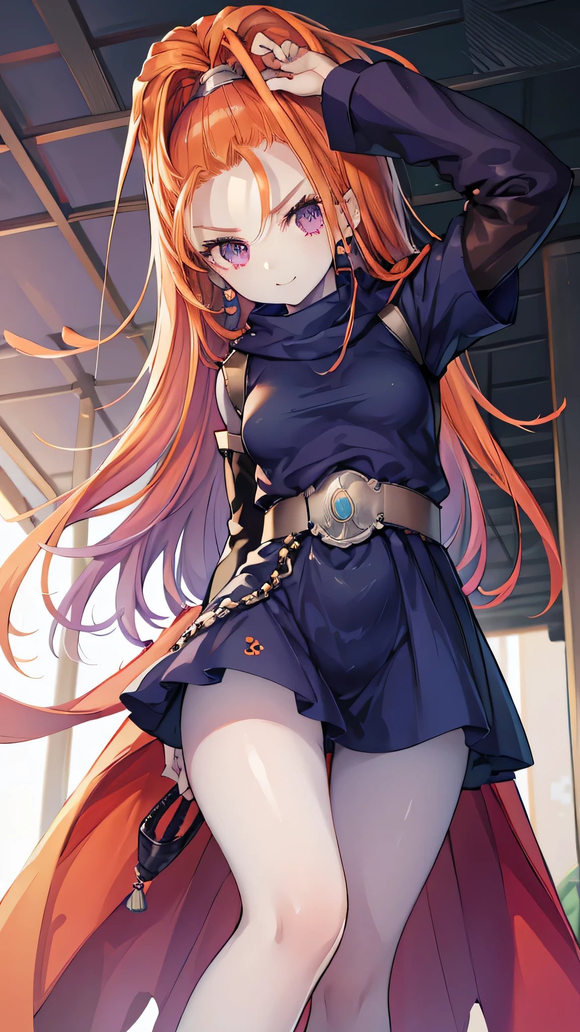 focus ??????, High resolution、One Girl、low length、Slender、Navy blue short robe、belt、DQ6 Barbara、High Ponytail、(((Bright white skin)))、Orange Hair、Thighs、Angle from below、seductive smile, 