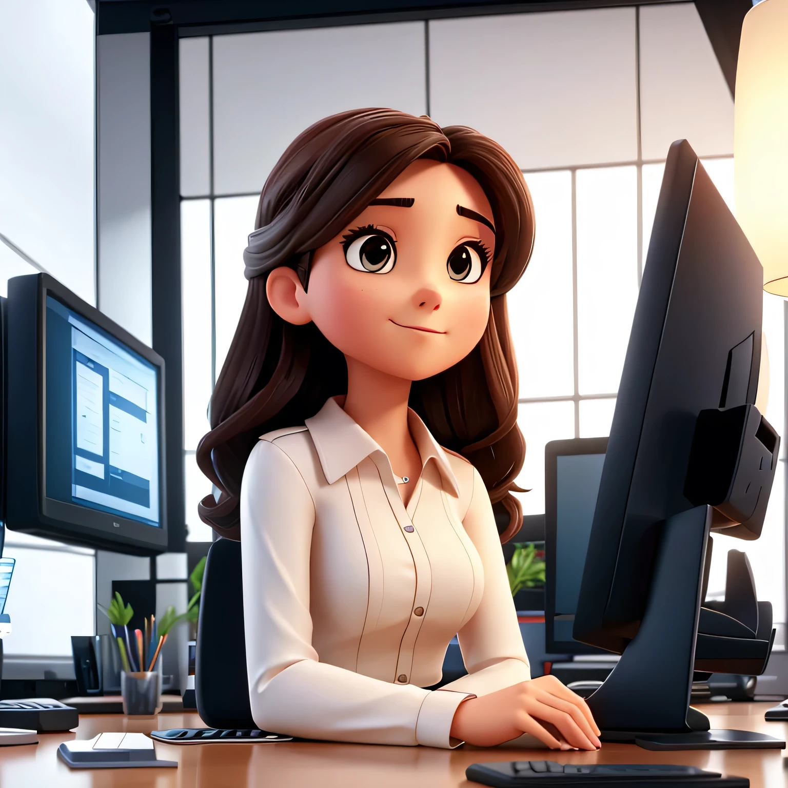 woman sitting in front of a computer looking at the computer screen and typing on the keyboard showing the woman at a 45 degree angle