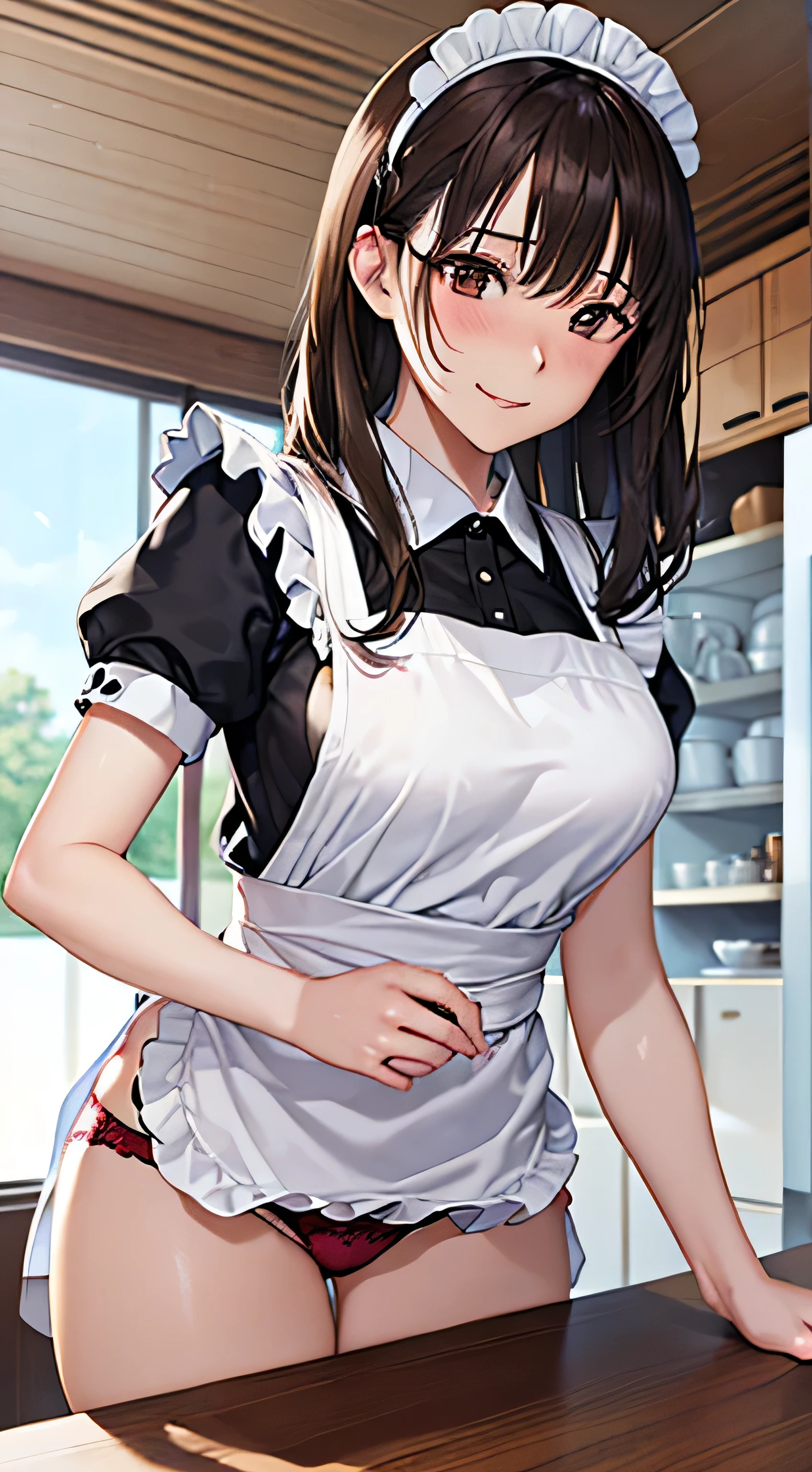 ((Tabletop, highest quality, High resolution, , Pixel perfect, 4K,))), 1 beautiful woman, private teacher、The whole body is visible、 ((Mid-wave hair, bangs, Brown Hair)), ((Brown eyes, Beautiful eyelashes, Realistic eyes)), ((Detailed face, Blushing:1.2)), ((Smooth texture:0.75, Realistic texture:0.65, Realistic:1.1, Anime CG Style)), middle size breast, Dynamic Angle, Perfect body, (( , ,  、White frill apron, Maid Costume、Ruffled short sleeve shirt、Maid Costumeフリルスカート))、Cooking in the kitchen、、I can see all of your panties、Very embarrassing panic smile, 、、、、(Pink floral lace panties are visible、)、Angle from below)、