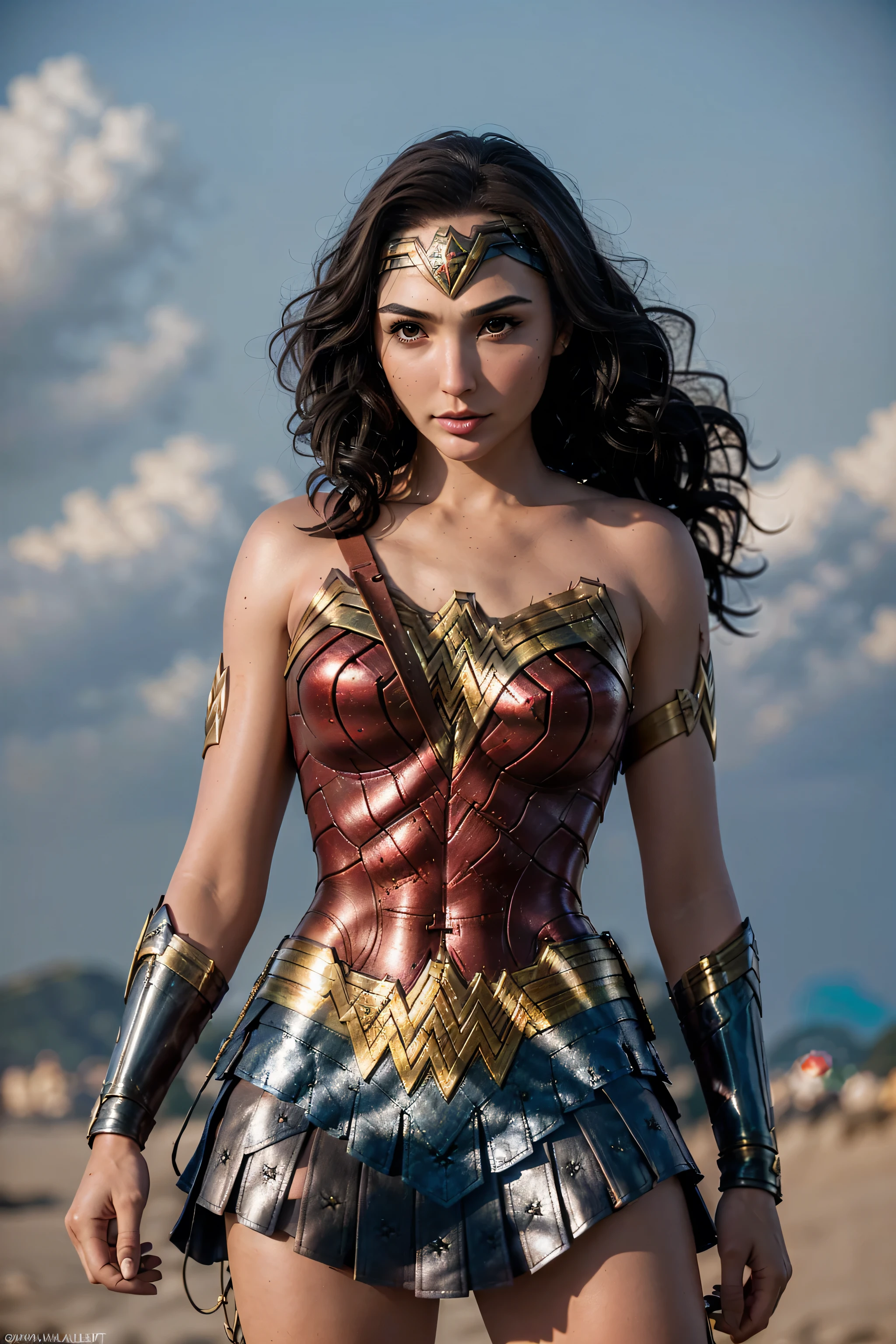 photorealistic Realism 8K, 16K, Quality: (Hyper absurd quality, extremely detailed detail, hyper resolution, clear sharp focus, not blurry, Realistic brown_eyes), ((perfect dark_eyeshadows:1.45)), (super Detailed, beautiful little nose:1.2), (perfect composition), Gal Gadot as (Wonder Woman cosplay), incredibly similar to the original outfit from the WW movie, dynamic stance, face focused on the target in the distance, ready to fight, (Neon Wonder Woman Lasso Of Truth Cosplay Prop), (upper body shot), (close up of her face), beautiful cheekbones, double eyelids, dslr, best high quality soft lighting, sharp focus captured by Fujifilm XT3, f 5.6, in a dramatic lighting, ((perfect composition)), ((pale skin)), ((dry skin)), ((clear and detailed scene from the open battlefield of World War II fighting on the beach in NORMANDY), ultra absurd details quality:1.3), ((luxury leather Wonder Woman Cosplay:1.4), ultra absurd details quality), (with Red pleated mini skirt:1.25)