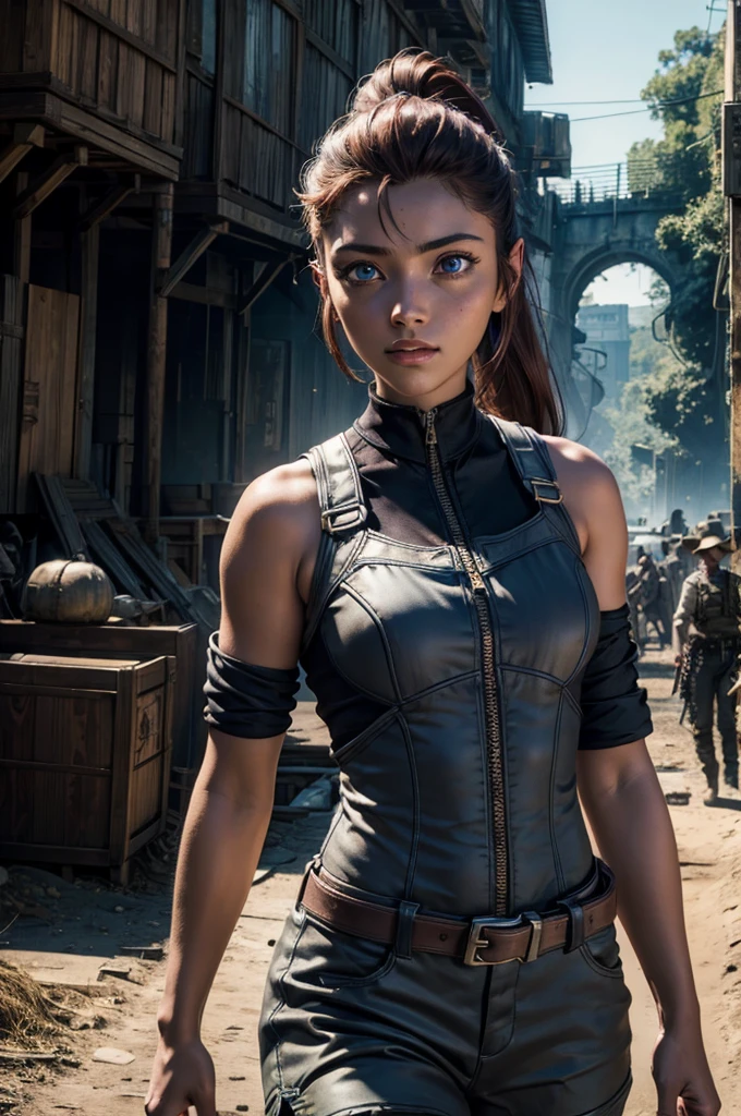 
iliaamitola, ilia amitola, long hair, blue eyes, brown hair, ponytail, dark skin, dark-skinned female, BREAK bare shoulders, bodysuit, BREAK walking through jungle with marines,  old bridge, river, post-apocalypse, dystopian future, crowd, (crowd in military uniforms), (volumetric lighting), best quality, masterpiece, intricate details, tonemapping, sharp focus, hyper detailed, BREAK looking at viewer, (cowboy shot:1.5), BREAK (masterpiece:1.2), best quality, high resolution, unity 8k wallpaper, (illustration:0.8), (beautiful detailed eyes:1.6), extremely detailed face, perfect lighting, extremely detailed CG, (perfect hands, perfect anatomy), 
