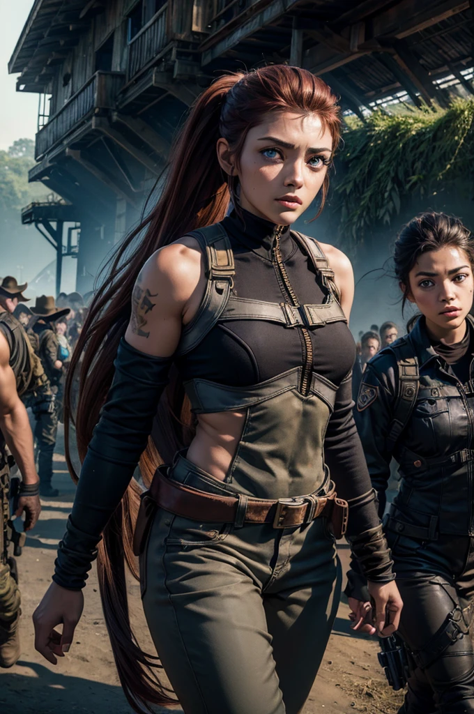 
iliaamitola, ilia amitola, long hair, blue eyes, brown hair, ponytail, dark skin, dark-skinned female, BREAK bare shoulders, bodysuit, BREAK walking through jungle with marines,  old bridge, river, post-apocalypse, dystopian future, crowd, (crowd in military uniforms), (volumetric lighting), best quality, masterpiece, intricate details, tonemapping, sharp focus, hyper detailed, BREAK looking at viewer, (cowboy shot:1.5), BREAK (masterpiece:1.2), best quality, high resolution, unity 8k wallpaper, (illustration:0.8), (beautiful detailed eyes:1.6), extremely detailed face, perfect lighting, extremely detailed CG, (perfect hands, perfect anatomy), 
