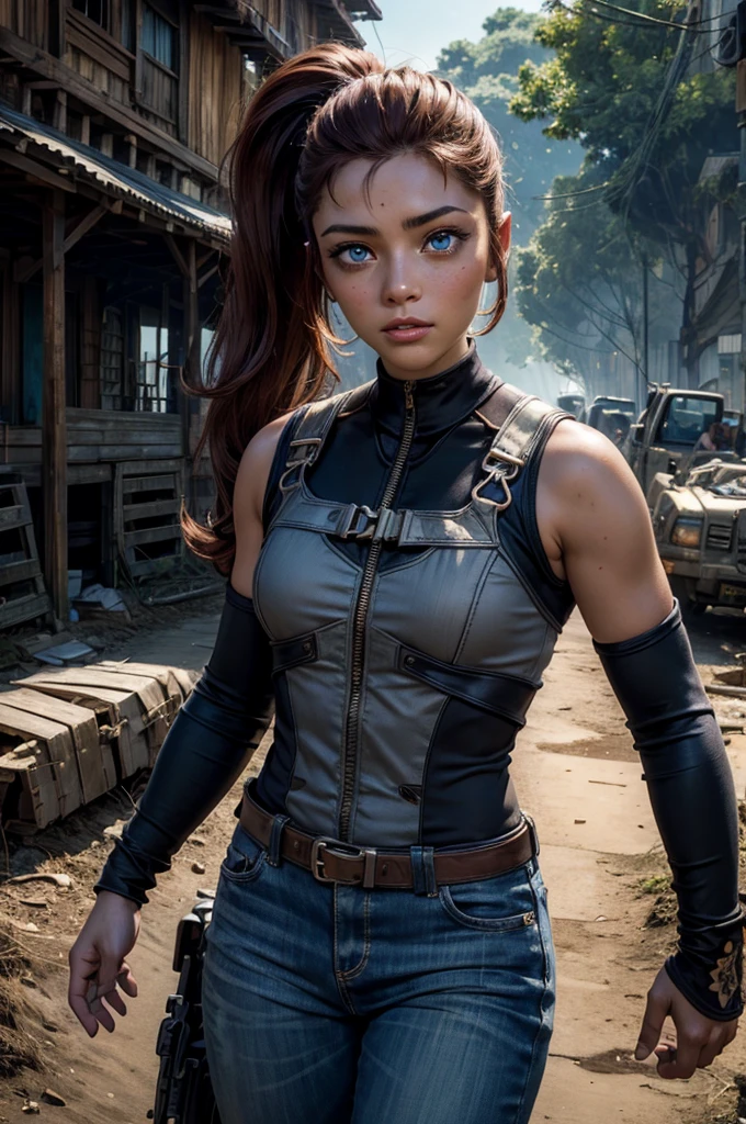 iliaamitola, ilia amitola, long hair, blue eyes, brown hair, ponytail, dark skin, dark-skinned female, BREAK bare shoulders, bodysuit, BREAK walking through jungle with marines, old bridge, river, post-apocalypse, dystopian future, crowd, (crowd in military uniforms), (volumetric lighting), best quality, masterpiece, intricate details, tonemapping, sharp focus, hyper detailed, BREAK looking at viewer, (cowboy shot:1.5), BREAK (masterpiece:1.2), best quality, high resolution, unity 8k wallpaper, (illustration:0.8), (beautiful detailed eyes:1.6), extremely detailed face, perfect lighting, extremely detailed CG, (perfect hands, perfect anatomy),