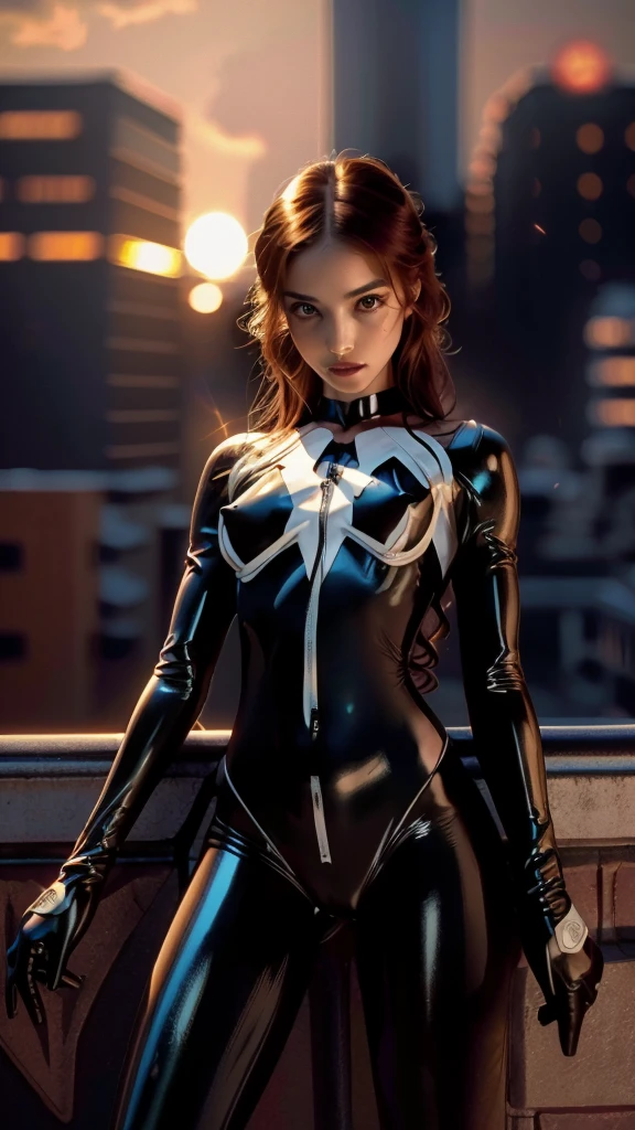 (The suit is made of latex), (((shiny latex suit))), ((Emily Willis)), (((exposed breasts, show nipples))), unzipped:1.2, bright eyes, ((costume is unzipped from her chest to her bellybutton)), smile, Beautiful woman detailed defined body, ((spider man cosplay)), small breasts, ((breasts popping out)), thigh gap, (exposed midriff) unzipped, auburn hair, narrow waist, wide hips ((bare chest)), (show nipples) (((location is detailed city rooftop))), time of day is night, the costume is unzipped, ((her bare breasts are exposed)), visible nipples, (toned body)