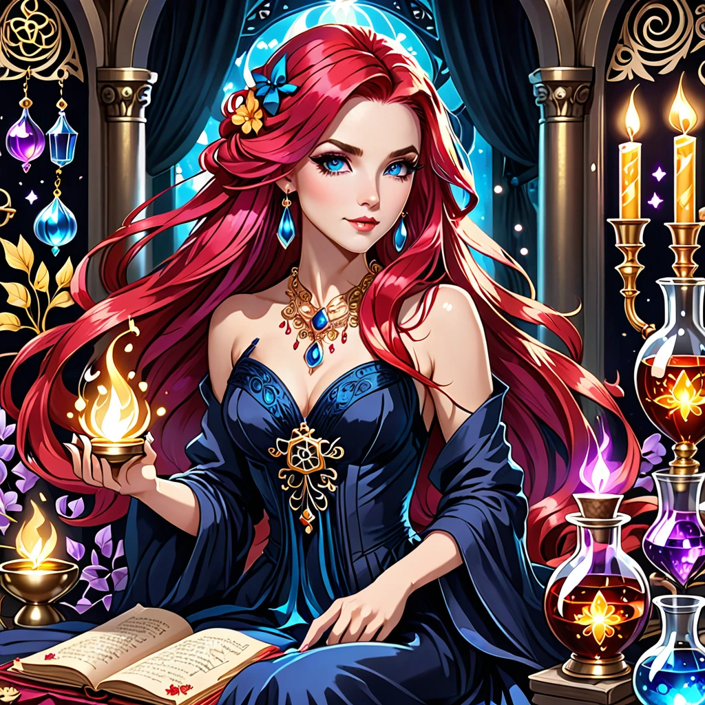 1girl, long hair, bright hair color, seductive eyes, mysterious expression, mature appearance, charming dress, flowing dress, elegant jewelry, intricate decoration, magic symbols, glowing accessories, potions, scrolls, cute accents, bows, ribbons, flowers,