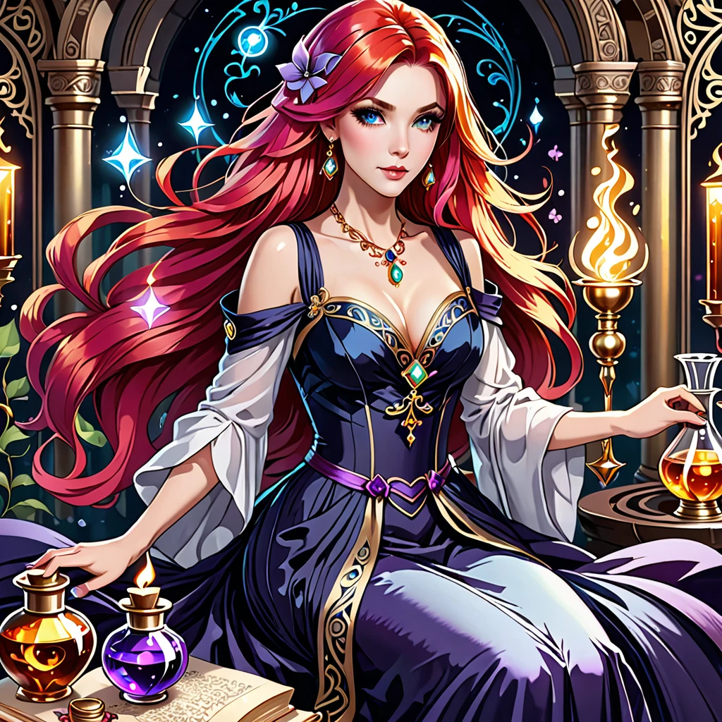 1girl, long hair, bright hair color, seductive eyes, mysterious expression, mature appearance, charming dress, flowing dress, elegant jewelry, intricate decoration, magic symbols, glowing accessories, potions, scrolls, cute accents, bows, ribbons, flowers,