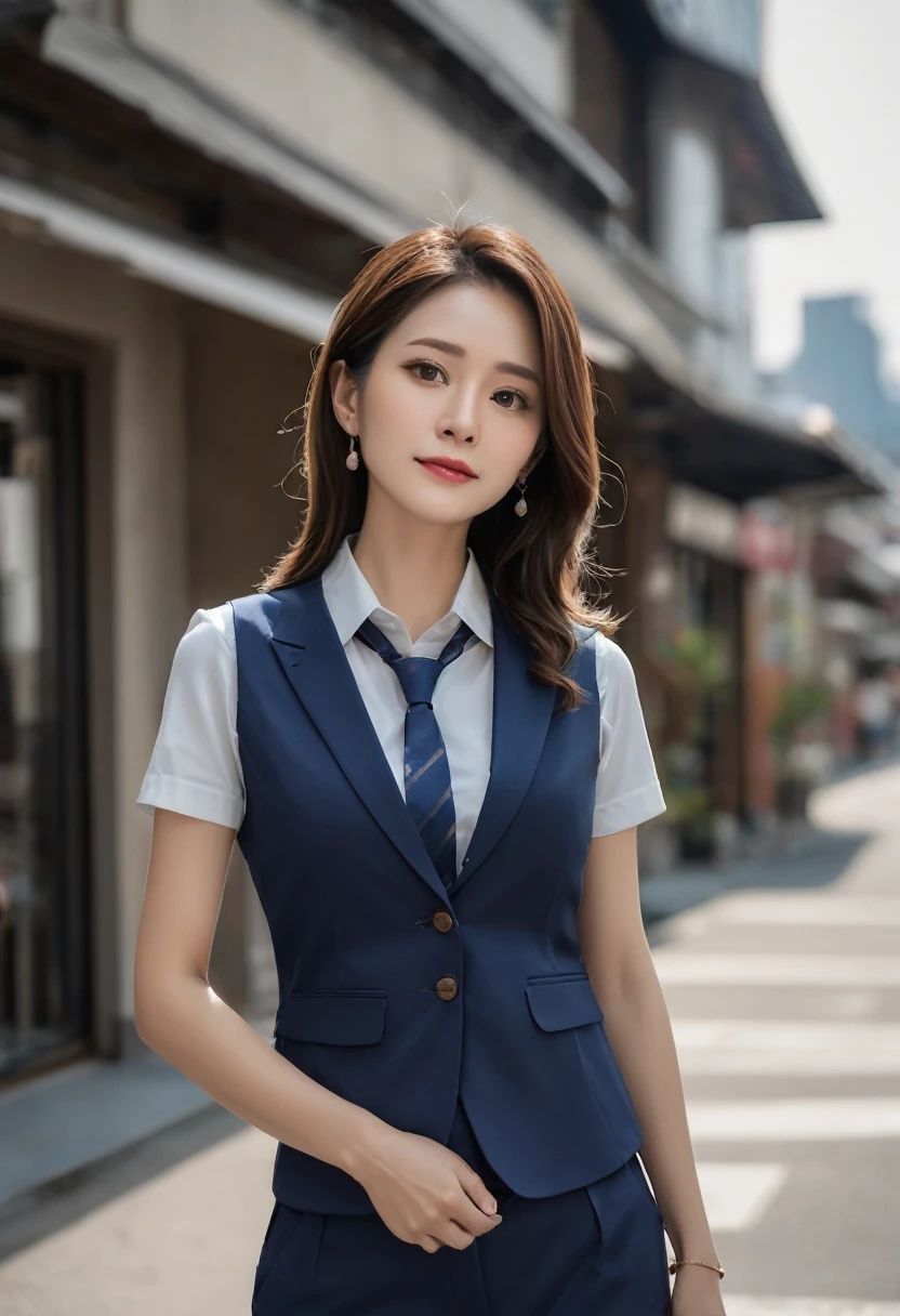 (Full-body photos of the same person:1.5)、(Multiple Views、split view:1.2)、(Front view、Photo from behind、Chest close-up:1.4)、Elegant long hair、45-year-old office lady、Intelligent married woman、Beautifully detailed hair、Beautiful and detailed brown eyes、beautiful flat chest、Beautiful, clear skin、Medium chest、Office worker uniform、Shiny plain navy blue vest、Woman's wedding ring on the ring finger of her left hand、光沢のある紺色の膝下丈くらいのOffice worker uniformのペンシルスカート、Detailed face、Detailed eyes、