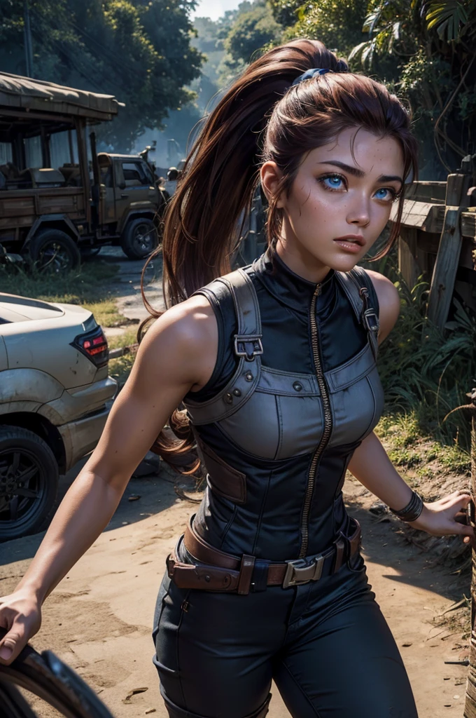iliaamitola, ilia amitola, long hair, blue eyes, brown hair, ponytail, dark skin, dark-skinned female, BREAK bare shoulders, bodysuit, BREAK walking through jungle with marines, old bridge, river, post-apocalypse, dystopian future, crowd, (crowd in military uniforms), (volumetric lighting), best quality, masterpiece, intricate details, tonemapping, sharp focus, hyper detailed, BREAK looking at viewer, (cowboy shot:1.5), BREAK (masterpiece:1.2), best quality, high resolution, unity 8k wallpaper, (illustration:0.8), (beautiful detailed eyes:1.6), extremely detailed face, perfect lighting, extremely detailed CG, (perfect hands, perfect anatomy),