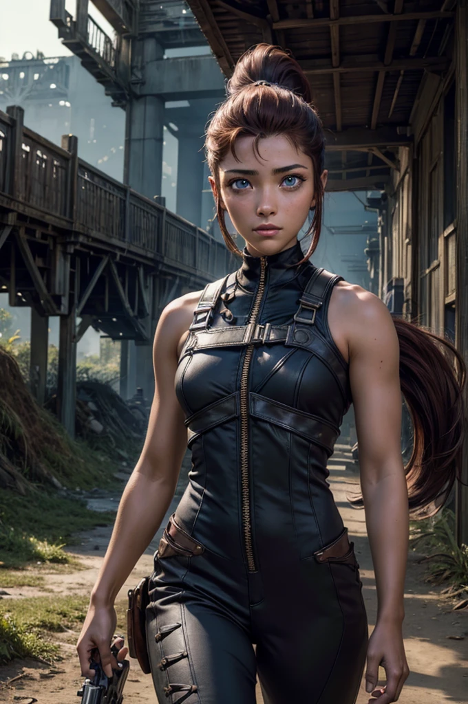 
iliaamitola, ilia amitola, long hair, blue eyes, brown hair, ponytail, dark skin, dark-skinned female, BREAK bare shoulders, bodysuit, BREAK walking through jungle with marines,  old bridge, river, post-apocalypse, dystopian future, crowd, (crowd in military uniforms), (volumetric lighting), best quality, masterpiece, intricate details, tonemapping, sharp focus, hyper detailed, BREAK looking at viewer, (cowboy shot:1.5), BREAK (masterpiece:1.2), best quality, high resolution, unity 8k wallpaper, (illustration:0.8), (beautiful detailed eyes:1.6), extremely detailed face, perfect lighting, extremely detailed CG, (perfect hands, perfect anatomy), 
