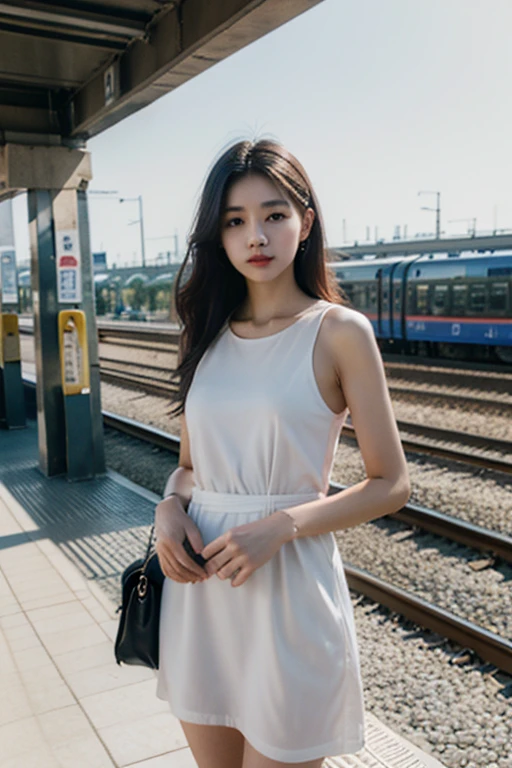 highest quality、masterpiece、High sensitivity、High resolution、One Woman、Slim Body、Waiting for the train、At the station platform、While standing