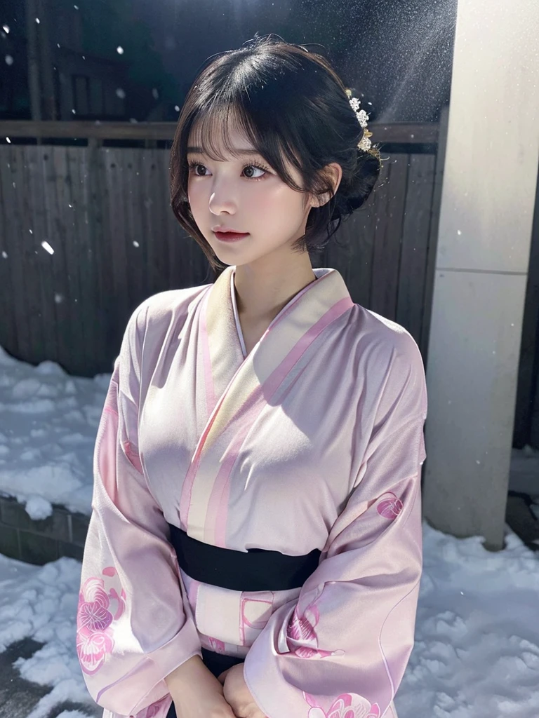 (Pink translucent Kimono)、(top-quality,​masterpiece:1.3,超A high resolution,),(ultra-detailliert,Caustics),(Photorealsitic:1.4,RAW shooting,)Ultra-realistic capture,A highly detailed,high-definition16Kfor human skin、 Skin texture is natural、very large round breasts、The skin looks healthy with an even tone、 Use natural light and color,One Woman, Japanese,kawaii,A dark-haired,Short bob hair, head to knee, (depth of fields、chromatic abberation、、Wide range of lighting、Natural Shading、)、(Exterior light at night:1.4)、(Falling snow:1.2)、(Hair swaying in the wind:1.1)、(Light reflecting snow:1.2)、