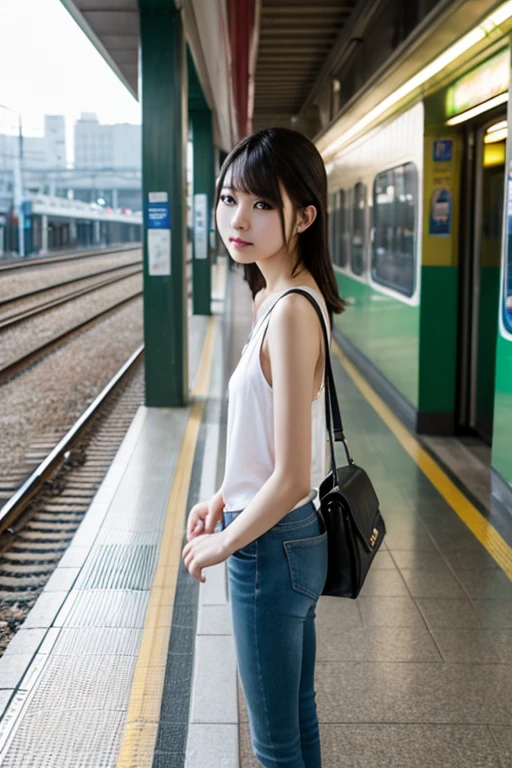 Looks Back，Knees，年轻，(Onepiece)，Long white T-shirt，teens girl，Delicate body，petite body，Delicate body，small tits，tiny chest，Short，A dark-haired，Twin-tailed，poneyTail，Railway stations