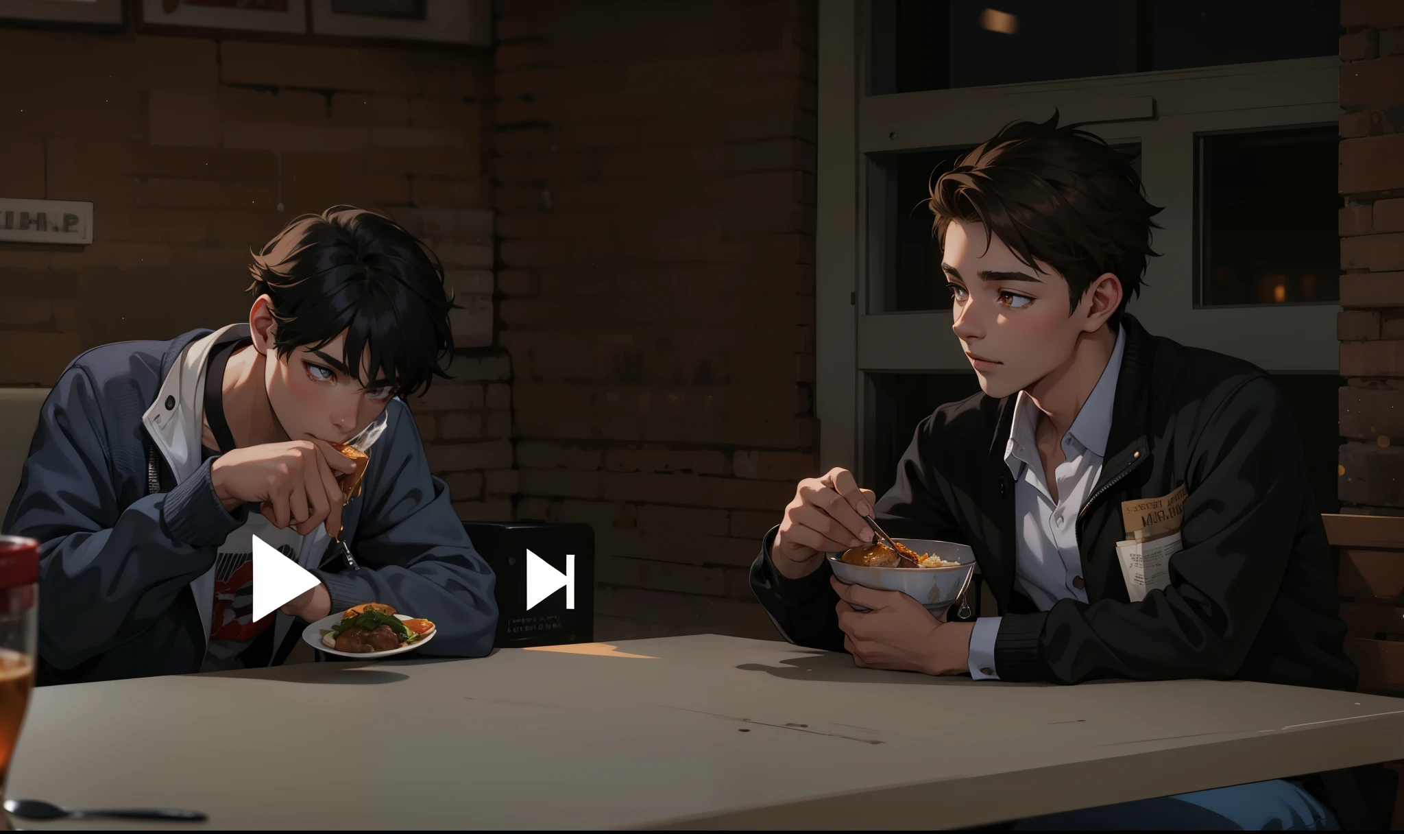cute young man of honey colored eyes are having dinner