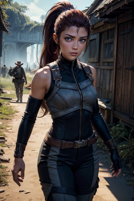 iliaamitola, ilia amitola, long hair, blue eyes, brown hair, ponytail, dark skin, dark-skinned female, BREAK bare shoulders, bodysuit, BREAK walking through jungle with marines, old bridge, river, post-apocalypse, dystopian future, crowd, (crowd in military uniforms), (volumetric lighting), best quality, masterpiece, intricate details, tonemapping, sharp focus, hyper detailed, BREAK looking at viewer, (cowboy shot:1.5), BREAK (masterpiece:1.2), best quality, high resolution, unity 8k wallpaper, (illustration:0.8), (beautiful detailed eyes:1.6), extremely detailed face, perfect lighting, extremely detailed CG, (perfect hands, perfect anatomy),