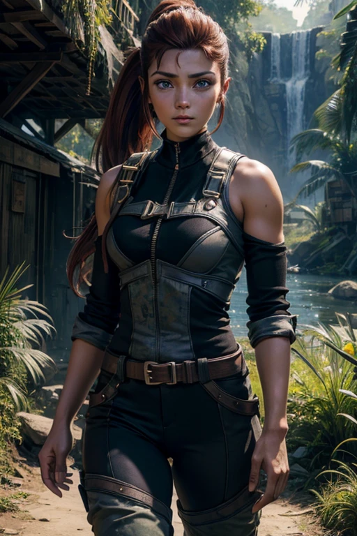 
iliaamitola, ilia amitola, long hair, blue eyes, brown hair, ponytail, dark skin, dark-skinned female, BREAK bare shoulders, bodysuit, BREAK walking through jungle with marines,  old bridge, river, post-apocalypse, dystopian future, crowd, (crowd in military uniforms), (volumetric lighting), best quality, masterpiece, intricate details, tonemapping, sharp focus, hyper detailed, BREAK looking at viewer, (cowboy shot:1.5), BREAK (masterpiece:1.2), best quality, high resolution, unity 8k wallpaper, (illustration:0.8), (beautiful detailed eyes:1.6), extremely detailed face, perfect lighting, extremely detailed CG, (perfect hands, perfect anatomy), 
