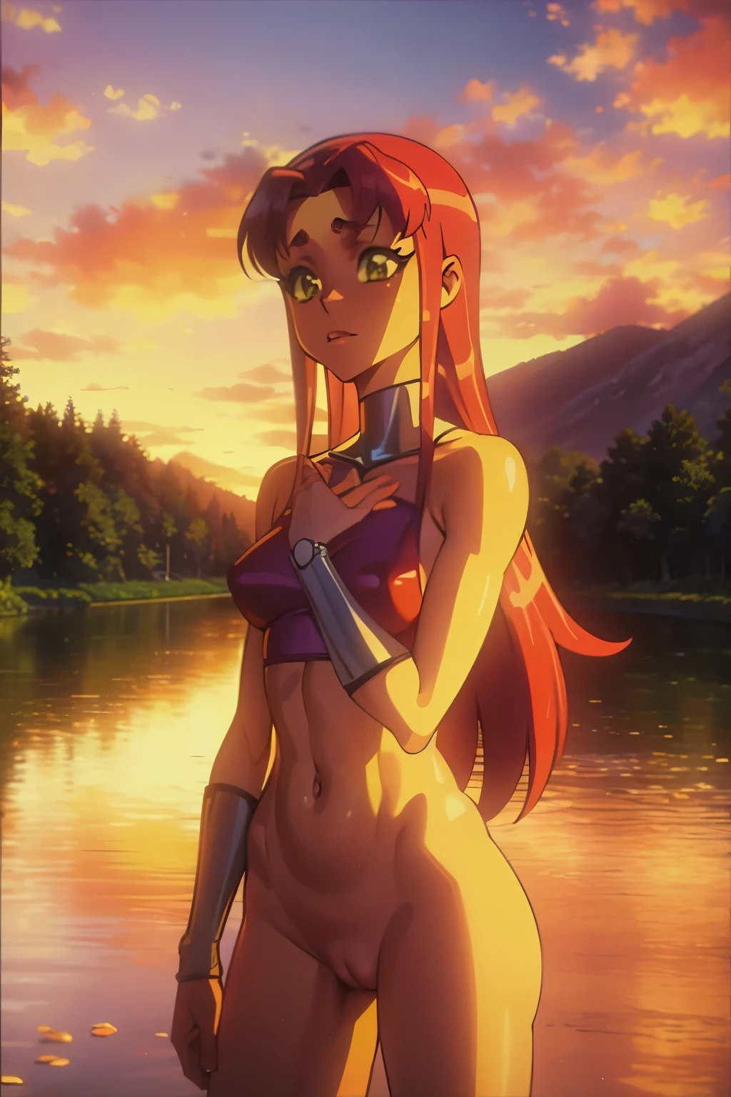 Ariana Grande as starfire orange skin, red hair NSFW, naked, standing, in a river, beautifull sunset, delicate, sweating