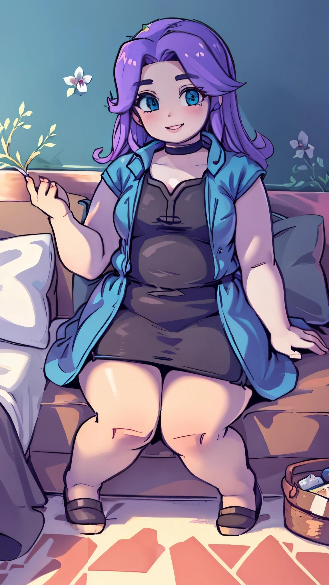 Abigail from stardew valley, bedroom, Blue wallpaper, playing supernintendo, happy, looking at viewer, solo, anime eyes, 