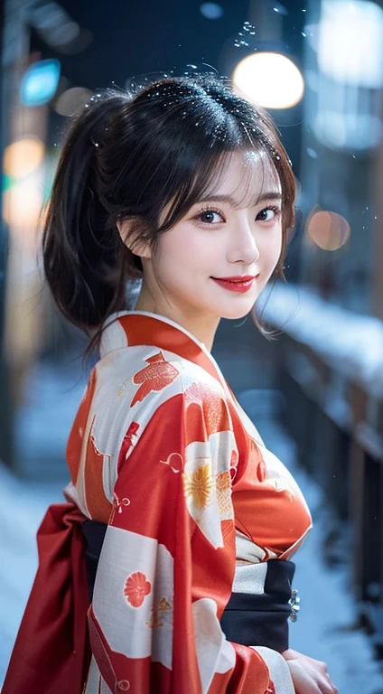 (Red translucent Kimono)、(top-quality,​masterpiece:1.3,超A high resolution,),(ultra-detailliert,Caustics),(Photorealsitic:1.4,RAW shooting,)Ultra-realistic capture,A highly detailed,high-definition16Kfor human skin、 Skin texture is natural、very large round breasts、The skin looks healthy with an even tone、 Use natural light and color,One Woman, Japanese,kawaii,A dark-haired,Short ponytail hair, calming dimpled smile, head to knee, (depth of fields、chromatic abberation、、Wide range of lighting、Natural Shading、)、(Exterior light at night:1.4)、(Falling snow:1.2)、(Hair swaying in the wind:1.1)、(Light reflecting snow:1.2)、