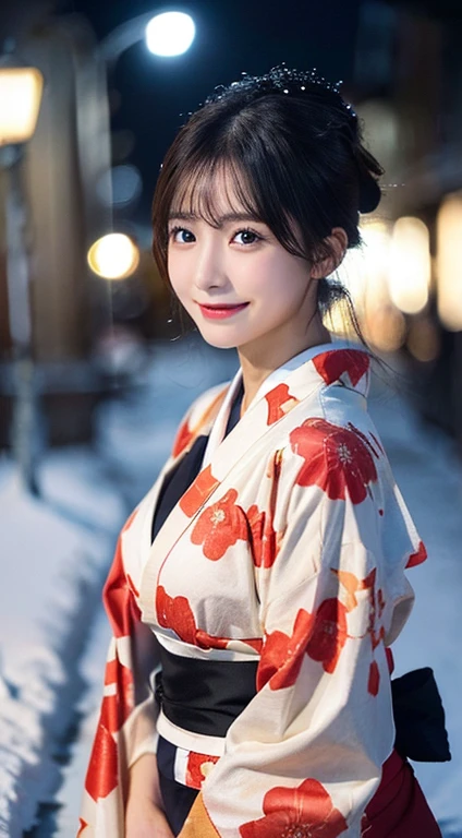 (Red translucent Kimono)、(top-quality,​masterpiece:1.3,超A high resolution,),(ultra-detailliert,Caustics),(Photorealsitic:1.4,RAW shooting,)Ultra-realistic capture,A highly detailed,high-definition16Kfor human skin、 Skin texture is natural、very large round breasts、The skin looks healthy with an even tone、 Use natural light and color,One Woman, Japanese,kawaii,A dark-haired,Short ponytail hair, calming dimpled smile, head to knee, (depth of fields、chromatic abberation、、Wide range of lighting、Natural Shading、)、(Exterior light at night:1.4)、(Falling snow:1.2)、(Hair swaying in the wind:1.1)、(Light reflecting snow:1.2)、