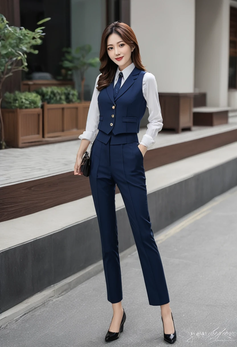 45-year-old office lady、(Full-body photos of the same person:1.5)、(Multiple Views、split view:1.2)、(Front view、Photo from behind、Chest close-up:1.4)、Elegant long hair、Intelligent married woman、Beautifully detailed hair、Beautiful and detailed brown eyes、beautiful flat chest、Beautiful, clear skin、Medium chest、Office worker uniform、Shiny plain navy blue vest、Woman&#39;s wedding ring on the ring finger of her left hand、光沢のある紺色の膝下丈くらいのOffice worker uniformのペンシルスカート、Detailed face、Detailed eyes、