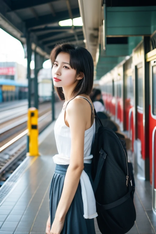 highest quality、masterpiece、High sensitivity、High resolution、One Woman、Slim Body、Waiting for the train、At the station platform、While standing