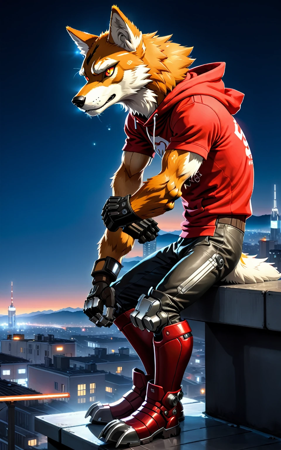breathtaking, a cyborg anthropomorphic giant wolf male furry is sitting solo on rooftop, He has very fluffy fur on cheek and animal head, mechanical arms and hands, mechanical legs and boots, He wears a short sleeves red hoodie with both proud and serious on his face, His eyes are black and shine and looking afar, city below, backlighting, night, moonlight, starry sky, shooting star, constellation, realistic, illustration, cyberpunk, science fiction, medium shot, dutch angle, award-winning, professional, highly detailed