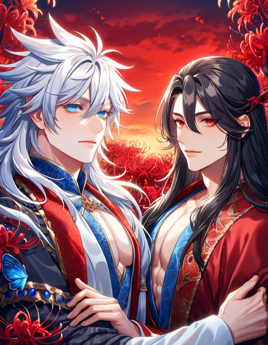 absurdres, highres, ultra detailed, HDR, master piece, best quality, extremely detailed face, delicated features, Xue Yu, untamed spiky hair, black long hair, hair between the eyes, expressive red eyes, Thousand Years War, Gojou Satoru, white long hair, expressive blue eyes, two sexy men together, gay couple, yaoi, handsome, toned chest, black cape, red robes, white robes, accessories, patterns, red sky, red butterflies, red spider lilies, fantasy, magical, radiant