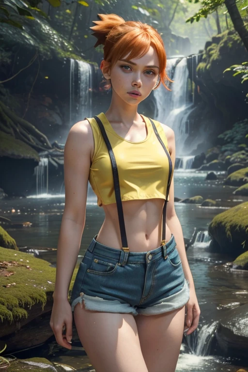 (masterpiece), best quality, expressive eyes, perfect face, (woods and waterfall background), (standing), (smirk), (front view), (1girl, age 18+, Scarlett Johansson, fair skin skin, orande hair, short hair, ponytail hairstyle, blue eyes, hourglass figure, thin body, skinny body, petite_body, small breasts, wide hips, thick thighs), (yellow tanktop, croptop, sleeveless, torn denim short shorts, suspenders),