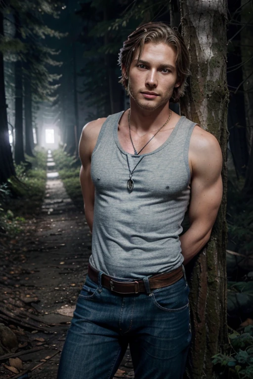 Clayton Danvers, Greyston Holt, Teen Wolf, 36 years old, short messy blonde hair, brown eyes, open denim shirt with white tank top, dark blue jeans, black belt, light brown combat boots, silver moon pendant , black misty forest background.