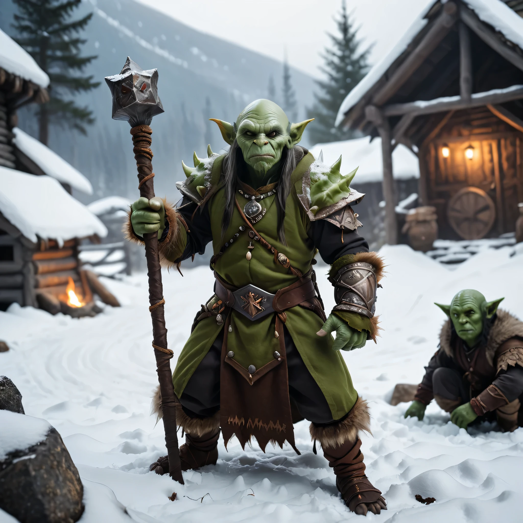 green-skinned goblin warrior, wearing warm medieval clothes under a shaman, wielding a menacing wand." (tundra background) standing in the snow, skinny goblin