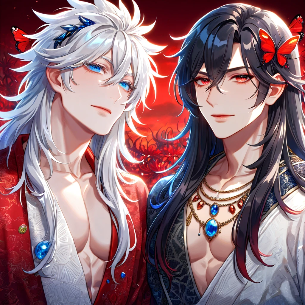 absurdres, highres, ultra detailed, HDR, master piece, best quality, extremely detailed face, delicated features, Xue Yu, untamed spiky hair, black long hair, hair between the eyes, expressive red eyes, Thousand Years War, Gojou Satoru, white long hair, expressive blue eyes, two sexy men together, gay couple, yaoi, handsome, toned chest, black cape, red robes, white robes, accessories, patterns, red sky, red butterflies, red spider lilies, fantasy, magical, radiant