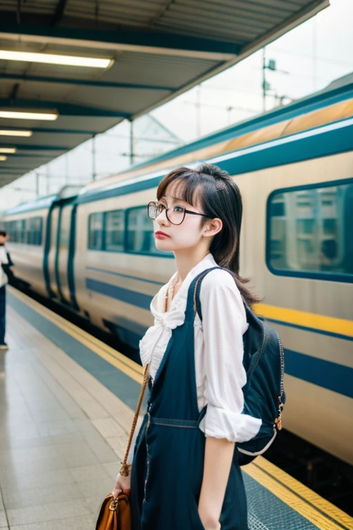 highest quality、masterpiece、High sensitivity、High resolution、One Woman、Glasses、Slim Body、Waiting for the train、At the station platform、While standing