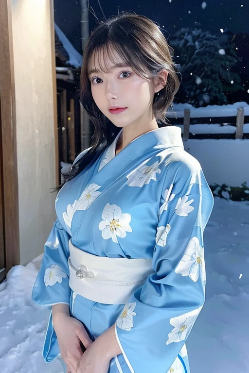 (Sky-blue translucent Kimono)、(top-quality,masterpiece:1.3,超A high resolution,),(ultra-detailliert,Caustics),(Photorealsitic:1.4,RAW shooting,)Ultra-realistic capture,A highly detailed,high-definition16Kfor human skin、 Skin texture is natural、enormous round breasts、The skin looks healthy with an even tone、 Use natural light and color,One Woman, Japanese,kawaii,A dark-haired,Short bob hair, head to knee, (depth of fields、chromatic abberation、、Wide range of lighting、Natural Shading、)、(Exterior light at night:1.4)、(Falling snow:1.2)、(Hair swaying in the wind:1.1)、(Light reflecting snow:1.2)、