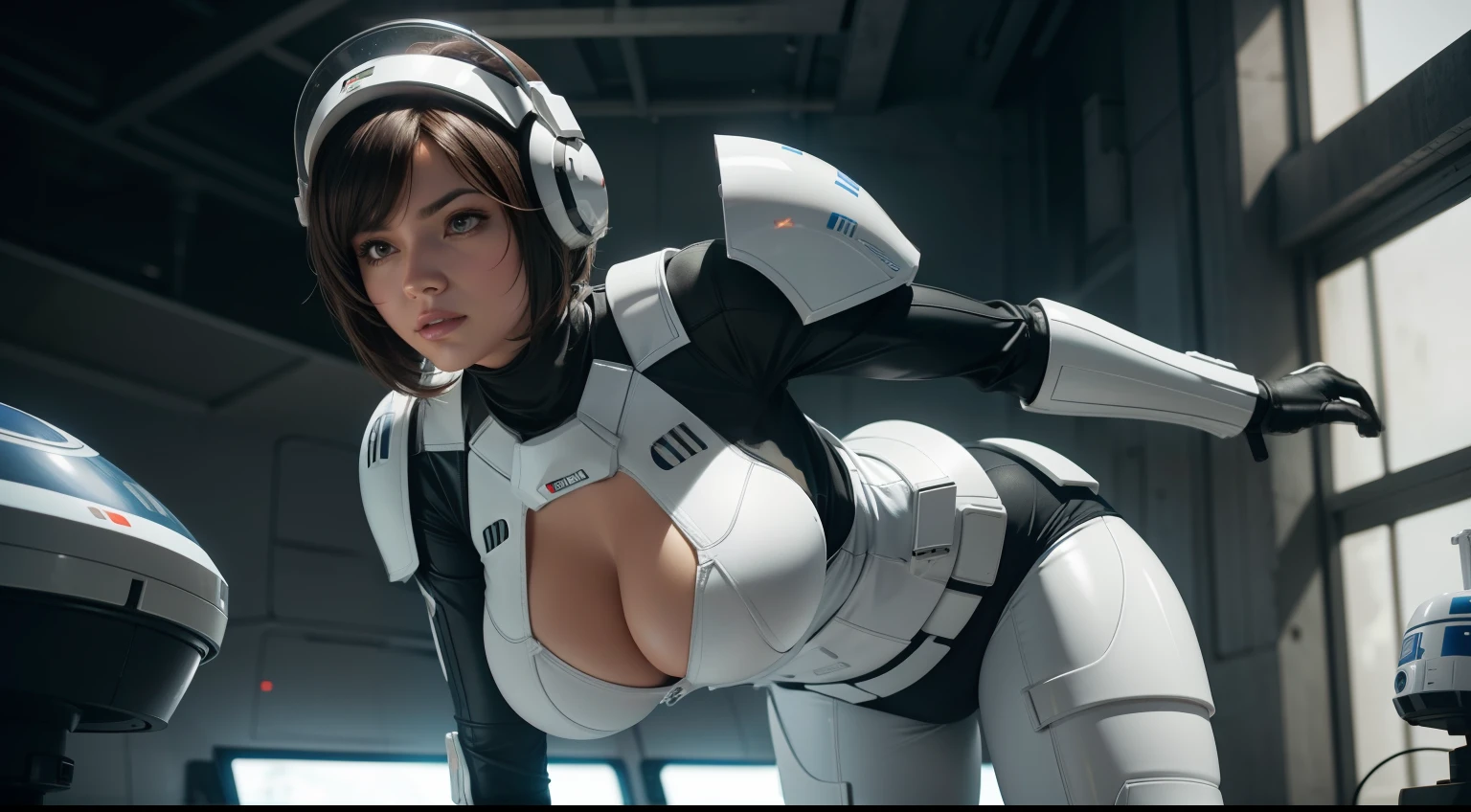 sexy woman (tetas grandes) in a Star Wars stormtrooper costume, CGI with clear focus, Photorealistic, high detail, Realistic, Masterpiece, absurdress, Best Quality, HDR, hiquality, hight resolution, Extremely detailed, 8k wallpaper, intricate details, 8K UHD, Full-HD, (foto realista:1.2), Contrast, sharp lighting, Cinematic lighting, natural lighting, hard light, Backlighting, Global Illumination, Environment Occlusion