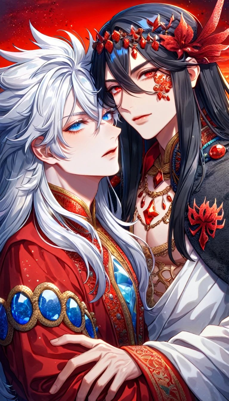 absurdres, highres, ultra detailed, HDR, master piece, best quality, extremely detailed face, delicated features, Xue Yu, untamed spiky hair, black long hair, hair between the eyes, expressive red eyes, Thousand Years War, Xinren, white long hair, expressive blue eyes, white eyelashes, two sexy men together, gay couple, yaoi, handsome, toned chest, black cape, red robes, white robes, accessories, patterns, red sky, red butterflies, red spider lilies, fantasy, magical, radiant