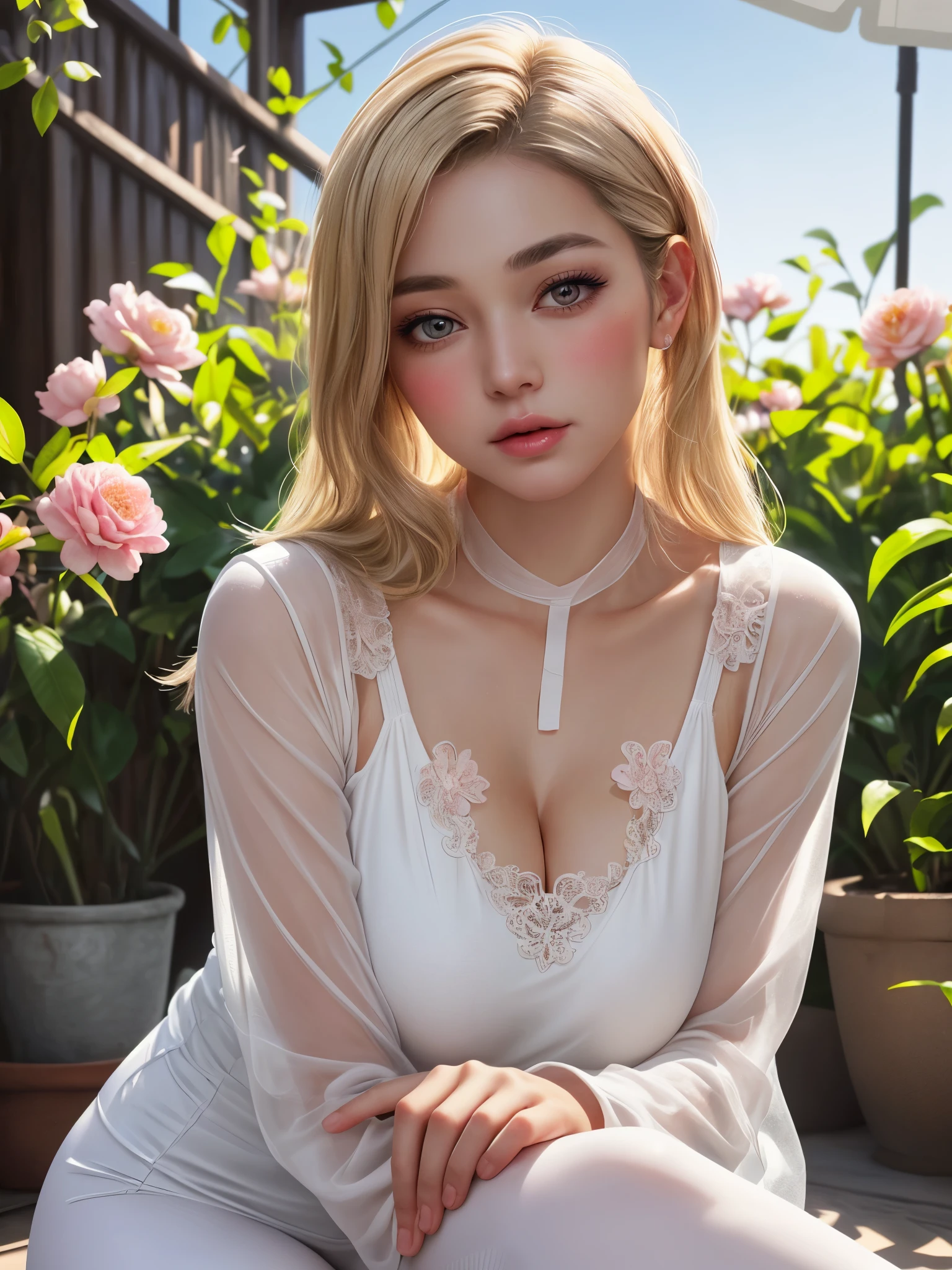 1girl, leaning forward, sitting, head tilt, detailed face, long sleeve form fitting shirt, see-through leggings, looking at viewer, (blush:1.2), very long hair, delicate warm backlight, sensual vibe, (masterpiece), (best quality), (ultra-detailed), (best illustration), (best shadow), (detailed eyes), blonde hair, flower, fantasy style, white dress, gigantic breasts, 