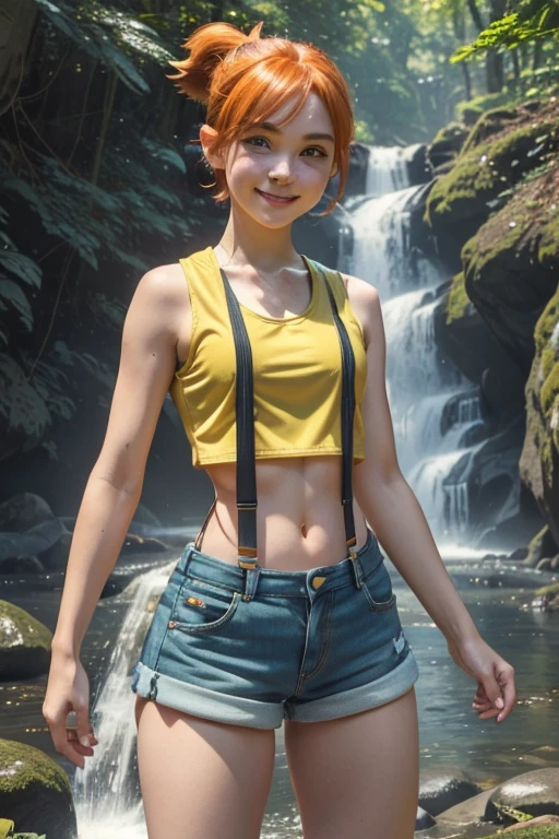 (masterpiece), best quality, expressive eyes, perfect face, (woods and waterfall background), (standing), (smile), (front view), (1girl, age 18+, belle delphine, fair skin skin, face freckles, orange hair, short hair, side-ponytail hairstyle, blue eyes, hourglass figure, thin body, skinny body, petite_body, small breasts, wide hips, thick thighs), (misty pokemon outfit, misty, (yellow_tanktop), croptop, sleeveless, shorts, suspenders),