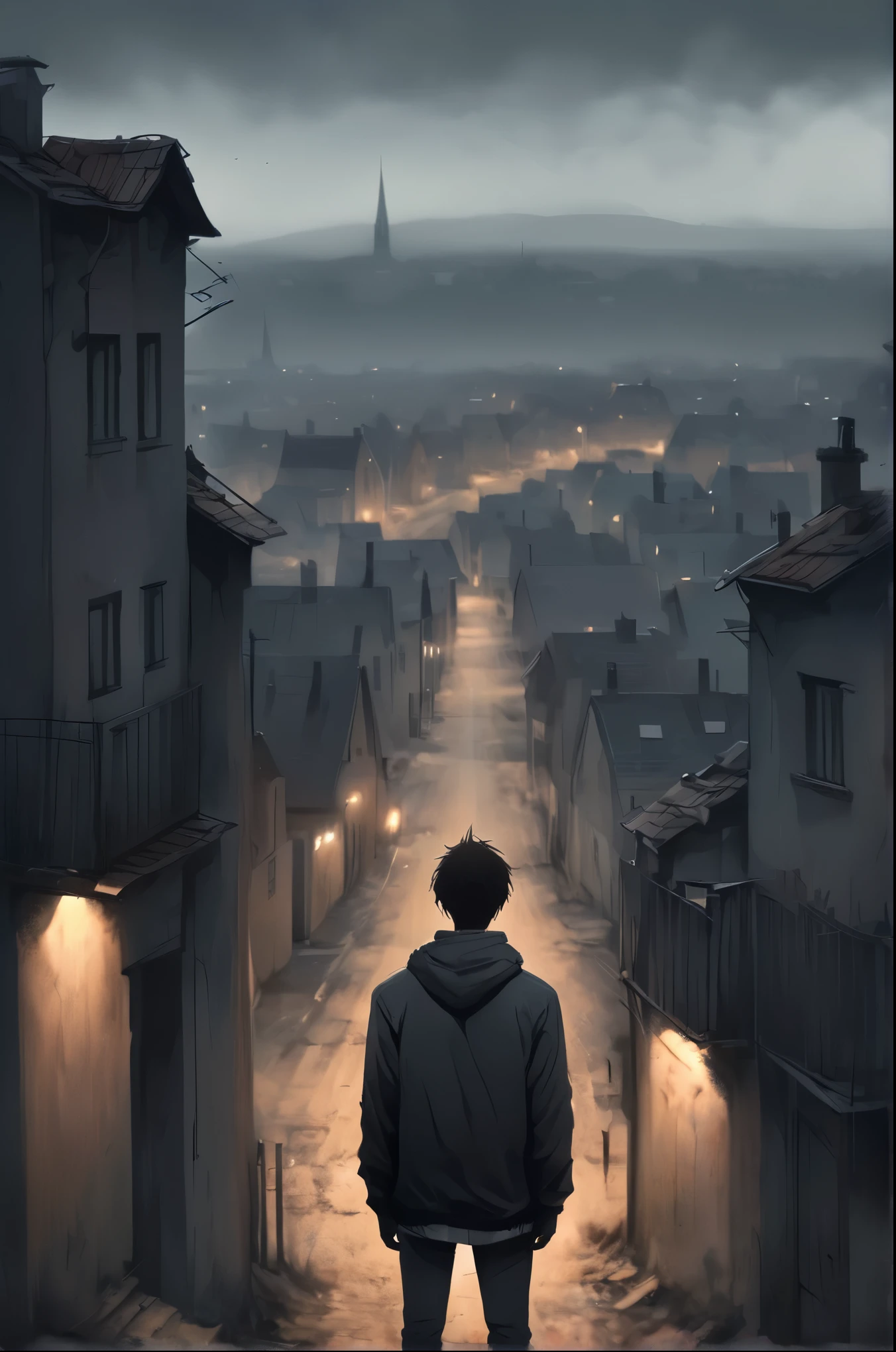 lonely young man gazing a lonely town, from behind, scary