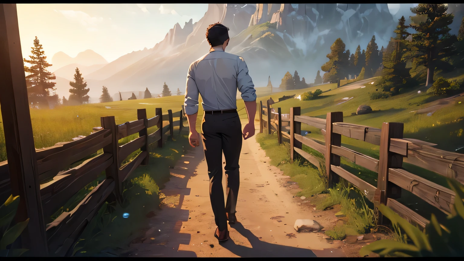 a man in a white button-down shirt and gray pants, holding a bible, walking on a dirt path, viewed from the back, realistic, photorealistic, photo-realistic:1.37, best quality,4k,8k,highres,masterpiece:1.2,ultra-detailed,HDR,UHD,studio lighting,ultra-fine painting,sharp focus,physically-based rendering,extreme detail description,professional,vivid colors,bokeh,landscape,natural lighting,warm colors,cinematic