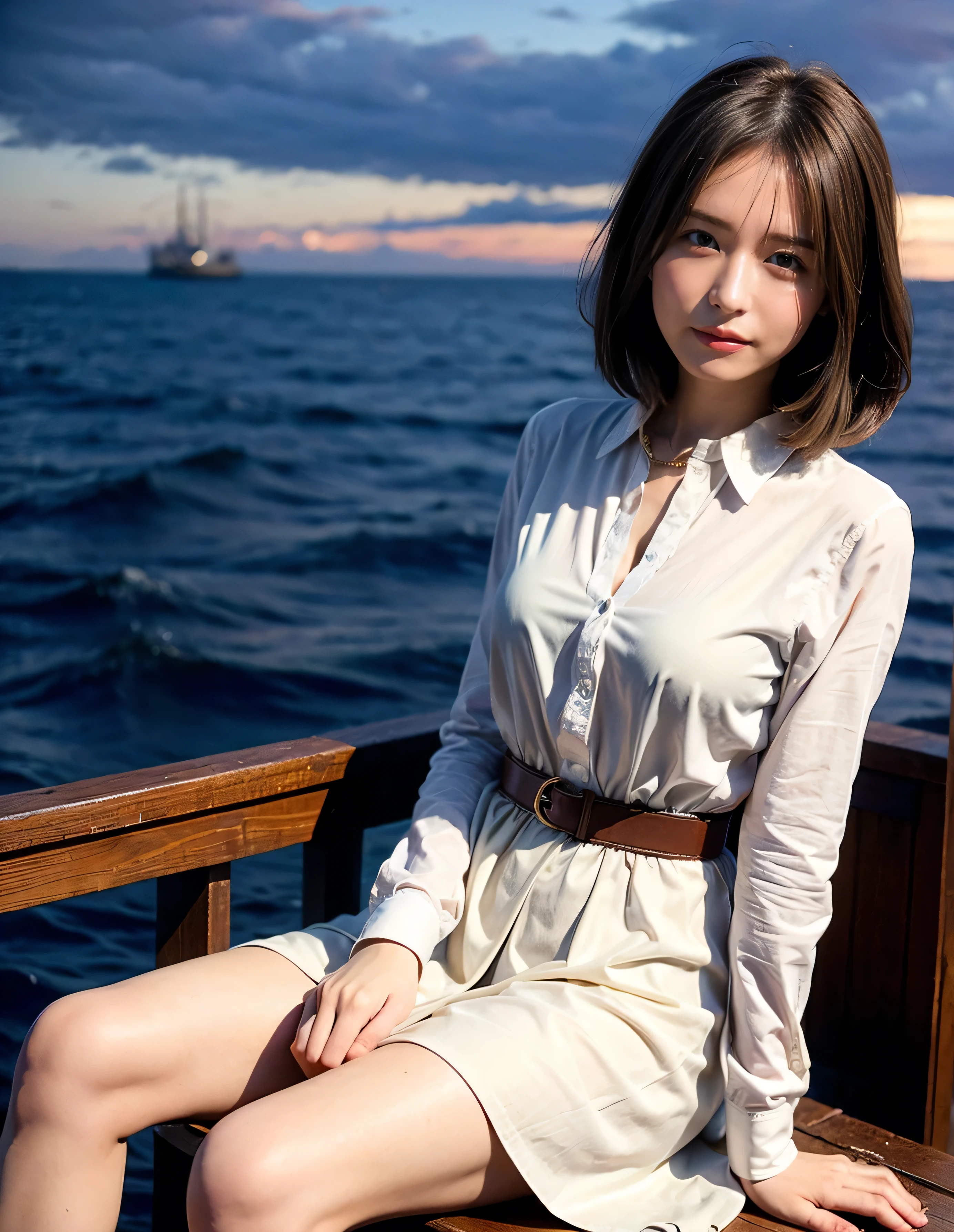 (Robe Dress:1.1) ,smile、Titanic、Brown beige color hair、Woman standing on a boat、Light brown hair、Elegant hairstyle、Blue Eyed Woman、A woman with a cute upward gaze、When the sky gets dark、The gentle light of the ship shines、When the sun goes down the sky turns red、Tight clothing that shows your body lines、、A clean white blouse or white collared shirt、The first button of her blouse is lewdly open、Genuine Leather Belt、革のShort skirt、Dress elegantly着こなす、Luxury Bags、、（（Medium Short Hair:1.4））、Skyscrapers seen across the sea、Manhattan 私sland is visible offshore、Woman on a sightseeing boat、、The sun shines on her、Light brown hair、Light brown hair、The sky was dyed red、There are clouds、private's cute、An elegantly dressed woman is sitting on a boat and watching the sunset、Her ample breasts are obvious even through her clothes..、The shining sun is so beautiful、Dusk is approaching、Lens flare、I can see the sunset、（（Sunlight reflecting off the ocean、Ocean View、The sun shines on the sea、&#39;beautiful.、Small earrings、private&#39;evening、Birds are also flying、、Brown Hair Color、Tying up hair、The woman is on the right:1.4））、Luxury Leather Belts、Shiny clothes、Light beige hair color、Background Blur、Braid only the front hair、Light brown hair、｛｛Cowgirl Shot｝｝、（（Close-up shot from the waist up、Ample breasts:1.4））、Smile、Silk clothing、Ample breasts that can be seen even through clothes、Braid only the front hair、Cowboy Shot、Gorgeous white collared silk shirt and brown skirt、Dress elegantly、Luxury Bags、A lovely smile、（（Ample breasts））、Full body photo、ring、Short skirt、Tuck your hair behind one ear、Silver Necklace、smile、 Elegant ponytail、Caustics、Highly detailed photos、Very beautiful and ideal short hair、Super no makeup、(8k、RAW Photos、highest quality、masterpiece:1.2)、(Realistic、Realistic)、1 girl、((Medium Short Hair、Looking into the camera:1.4))、Hair blowing in the wind
