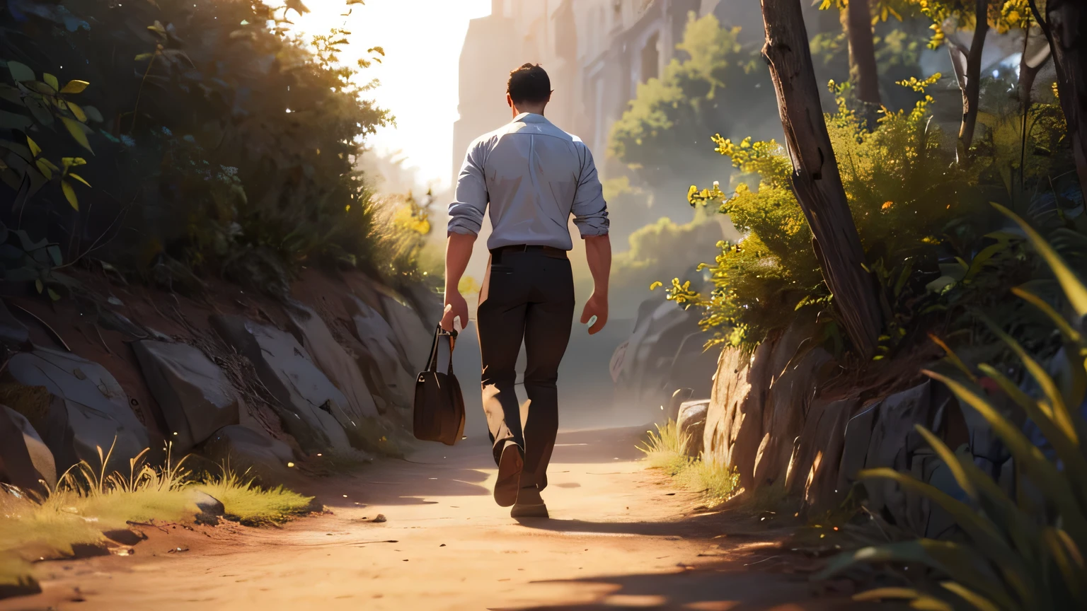 a man in a white button-down shirt and black pants, holding a bible, walking on a dirt path, view from the back, beautiful detailed face,highly detailed, cinematic lighting, dramatic shadows, warm color tones, photorealistic, masterpiece, (best quality,8k,detailed,realistic,photorealistic:1.37),dramatic lighting,vibrant colors,cinematic composition,natural setting,detailed background