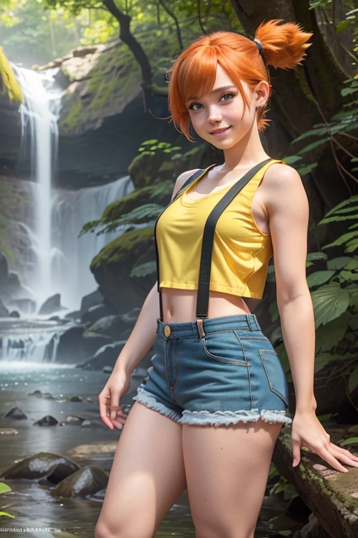 (masterpiece), best quality, expressive eyes, perfect face, (woods and waterfall background), (standing), (smirk), (front view), (1girl, age 18+, Scarlett Johansson, fair skin skin, orange hair, short hair, side-ponytail hairstyle, blue eyes, hourglass figure, thin body, skinny body, petite_body, small breasts, wide hips, thick thighs), (misty pokemon outfit, misty, (yellow_tanktop), croptop, sleeveless, shorts, suspenders),