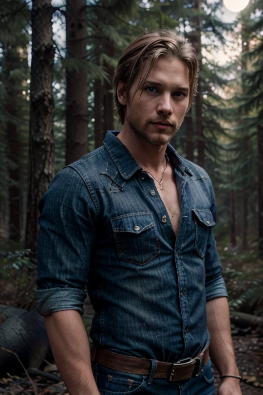 Clayton Danvers, Greyston Holt, Wolf, 36 years old, short messy blonde hair, blonde beard, slim muscular build, brown eyes, red open denim shirt, dark blue jeans, black belt, light brown combat boots, silver moon pendant , black misty forest background.