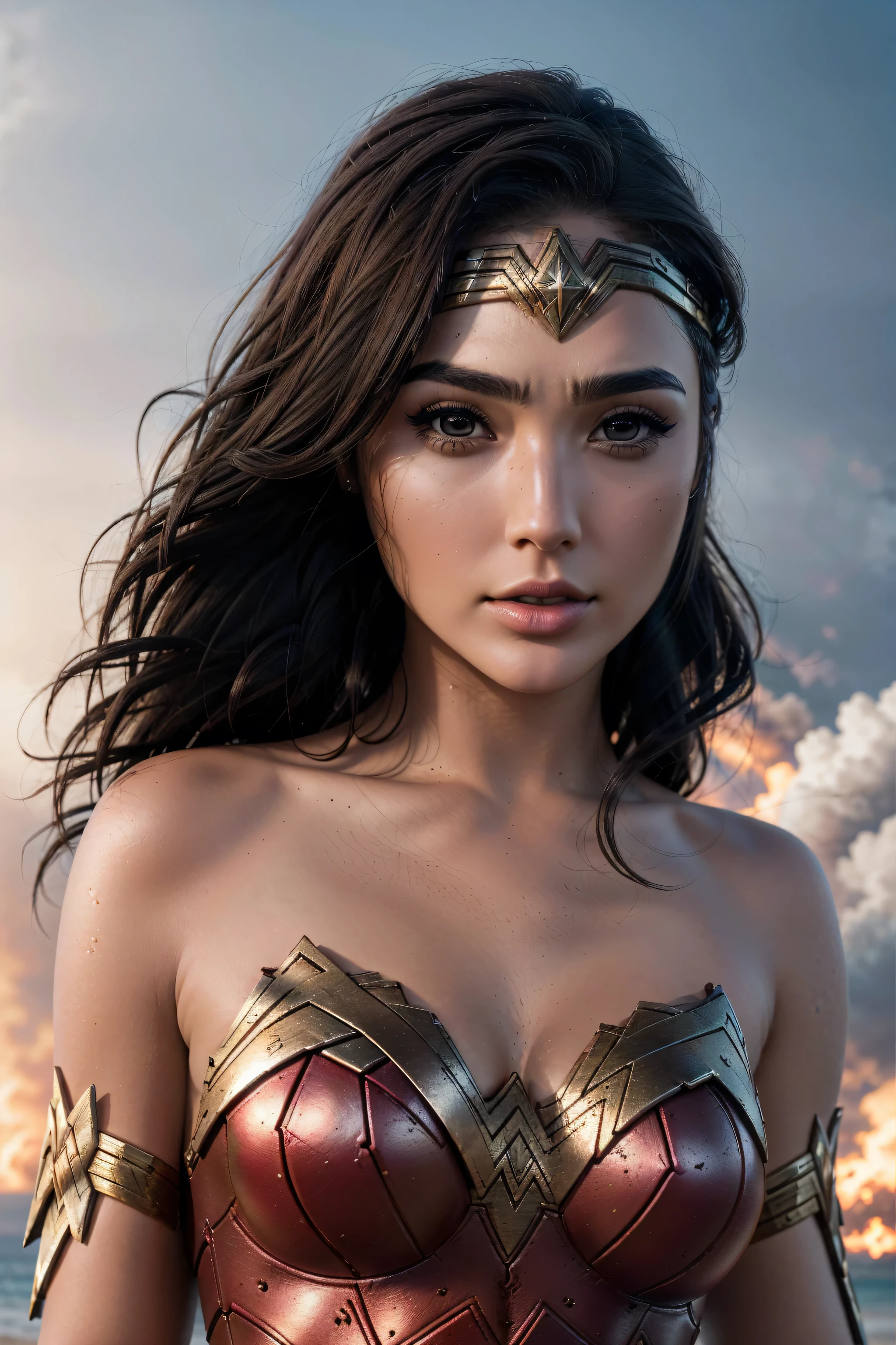 photorealistic Realism 8K, 16K, Quality: (Hyper absurd quality, extremely detailed detail, hyper resolution, clear sharp focus, not blurry, Realistic brown_eyes), ((perfect dark_eyeshadows:1.45)), (super Detailed, beautiful little nose:1.2), (perfect composition), Gal Gadot as (Wonder Woman cosplay), incredibly similar to the original outfit from the WW movie, dynamic stance, face focused on the target in the distance, ready to fight, (Neon Wonder Woman Lasso Of Truth Cosplay Prop), (upper body shot), (close up of her face), beautiful cheekbones, double eyelids, dslr, best high quality soft lighting, sharp focus captured by Fujifilm XT3, f 5.6, in a dramatic lighting, ((perfect composition)), ((pale skin)), ((dry skin)), ((clear and detailed scene from the open battlefield of World War II fighting on the beach in NORMANDY, ((scene of death, many killed in battle, explosion, big explosion in the background, darkness, flashes in the sky))), ultra absurd details quality:1.3), ((luxury leather Wonder Woman Cosplay:1.4), ultra absurd details quality), (with Red pleated mini skirt:1.25)