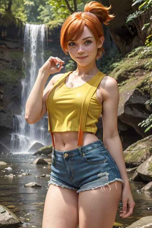 (masterpiece), best quality, expressive eyes, perfect face, (woods and waterfall background), (standing), (smile), (front view), (1girl, age 18+, belle delphine, fair skin skin, face freckles, orange hair, short hair, side-ponytail hairstyle, blue eyes, hourglass figure, thin body, skinny body, petite_body, small breasts, wide hips, thick thighs), (misty pokemon outfit, misty, (yellow_tanktop), croptop, sleeveless, shorts, suspenders),
